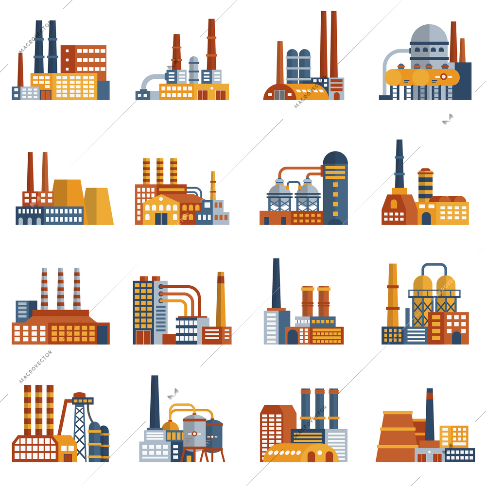 Factory flat icons set with plants and industrial storages isolated vector illustration