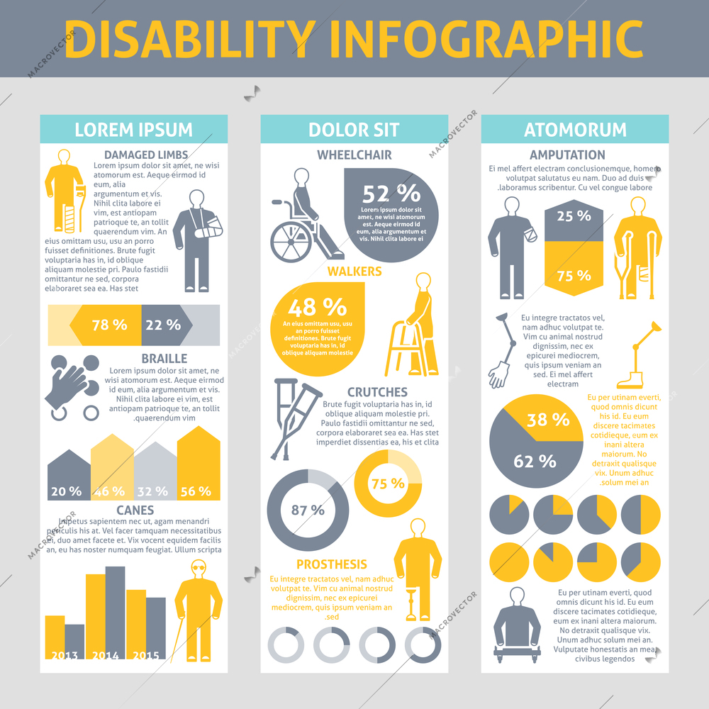 People with disabilities Infographic set with crutches prosthesis and braille symbols flat vector illustration