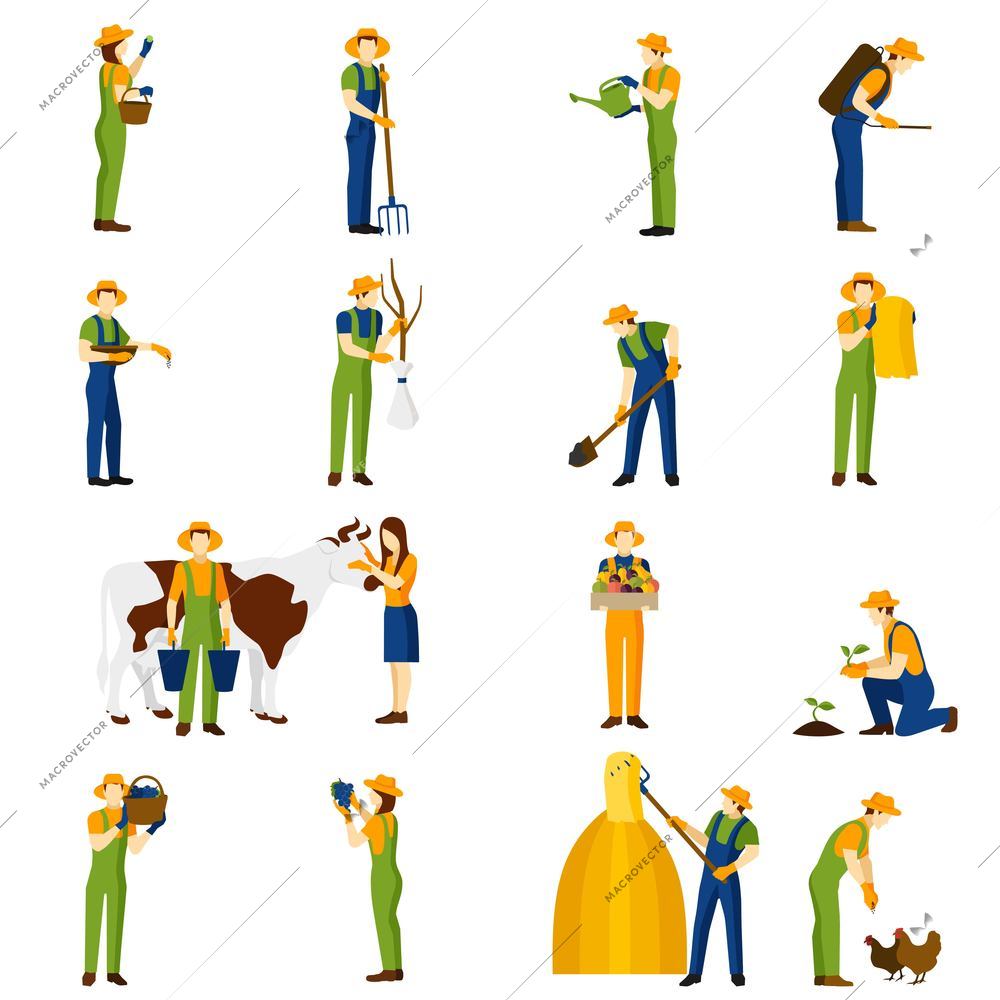 Farmer at work flat icons collection of orchard crops harvesting and raising livestock abstract isolated vector illustration