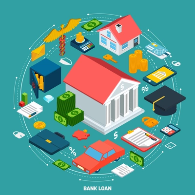 Bank loan concept with isometric financial wealth icons set vector illustration