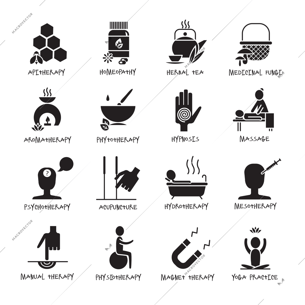 Alternative medicine and healthcare black white icons set with aromatherapy massage and acupuncture flat isolated vector illustration