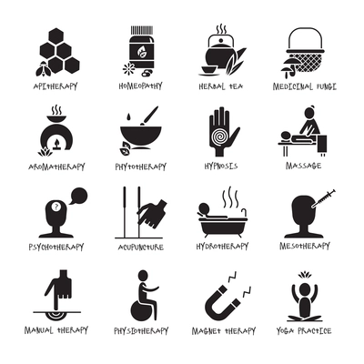 Alternative medicine and healthcare black white icons set with aromatherapy massage and acupuncture flat isolated vector illustration