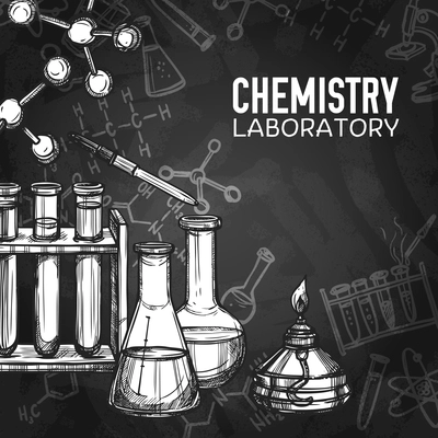 Monochrome chalk draw style sketch of chemistry laboratory equipments on chalkboard background with title vector illustration