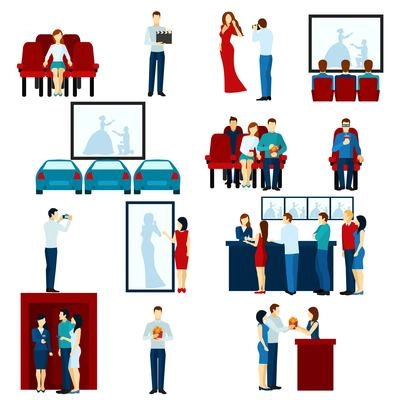 Cinema house film show flat icons set with drive-in and tickets line banner abstract isolated vector illustration