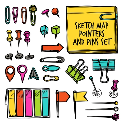 Colorful set drawn in sketch style of stationery map pointers and pins isolated vector illustration