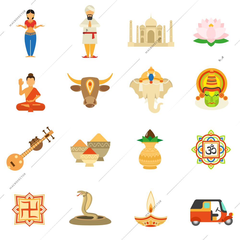 India icons flat set with cow taj mahal building tea and spices isolated vector illustration