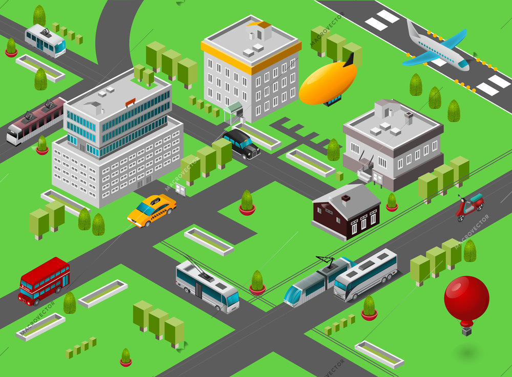 Isometric city street view with public transport symbols vector illustration