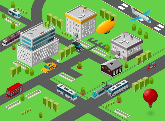 Isometric city street view with public transport symbols vector illustration