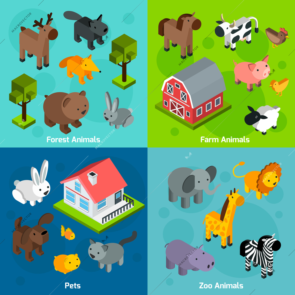 Animals design concept set with isometric forest farm and zoo animals and pets isolated vector illustration