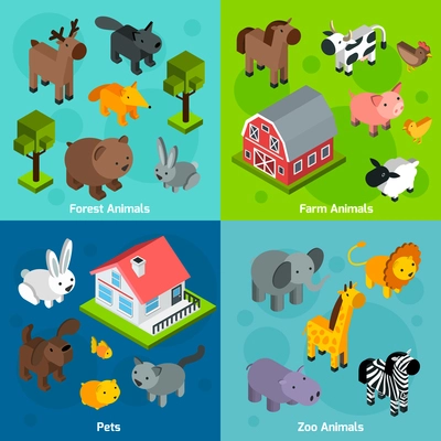 Animals design concept set with isometric forest farm and zoo animals and pets isolated vector illustration