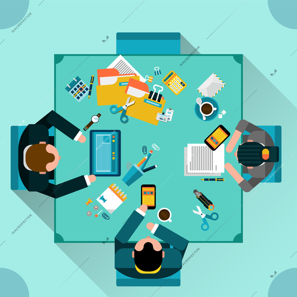 Office teamwork concept with top view people sitting at the table flat vector illustration