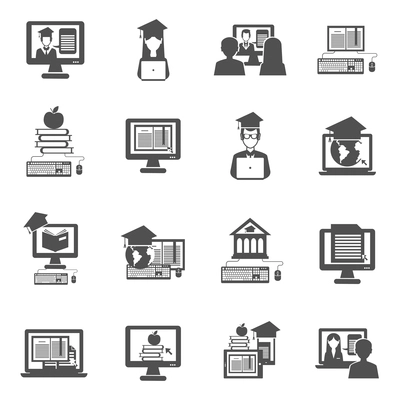 E-learning and online education black icons set isolated vector illustration