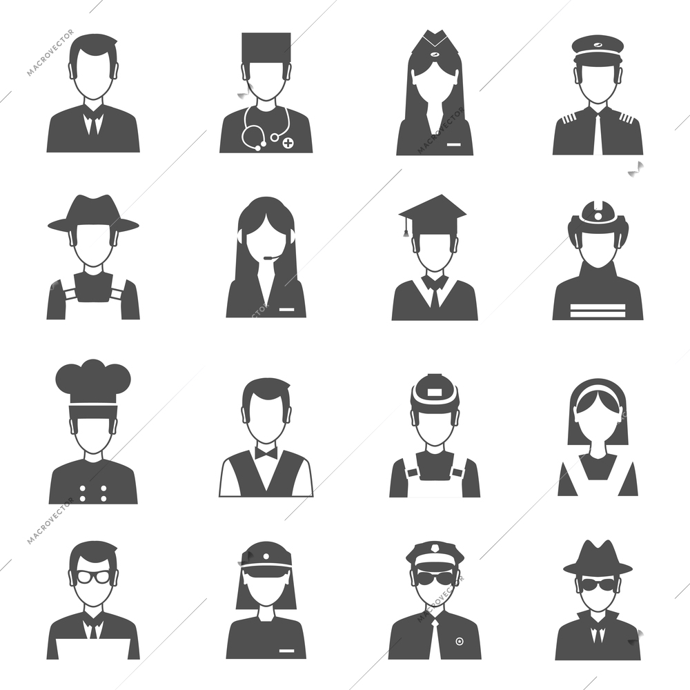 Professions black avatar set with pilot fireman operator isolated vector illustration