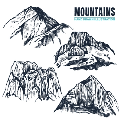 Hand drawn contours of different forms of mountains and its peaks on white background isolated vector illustration