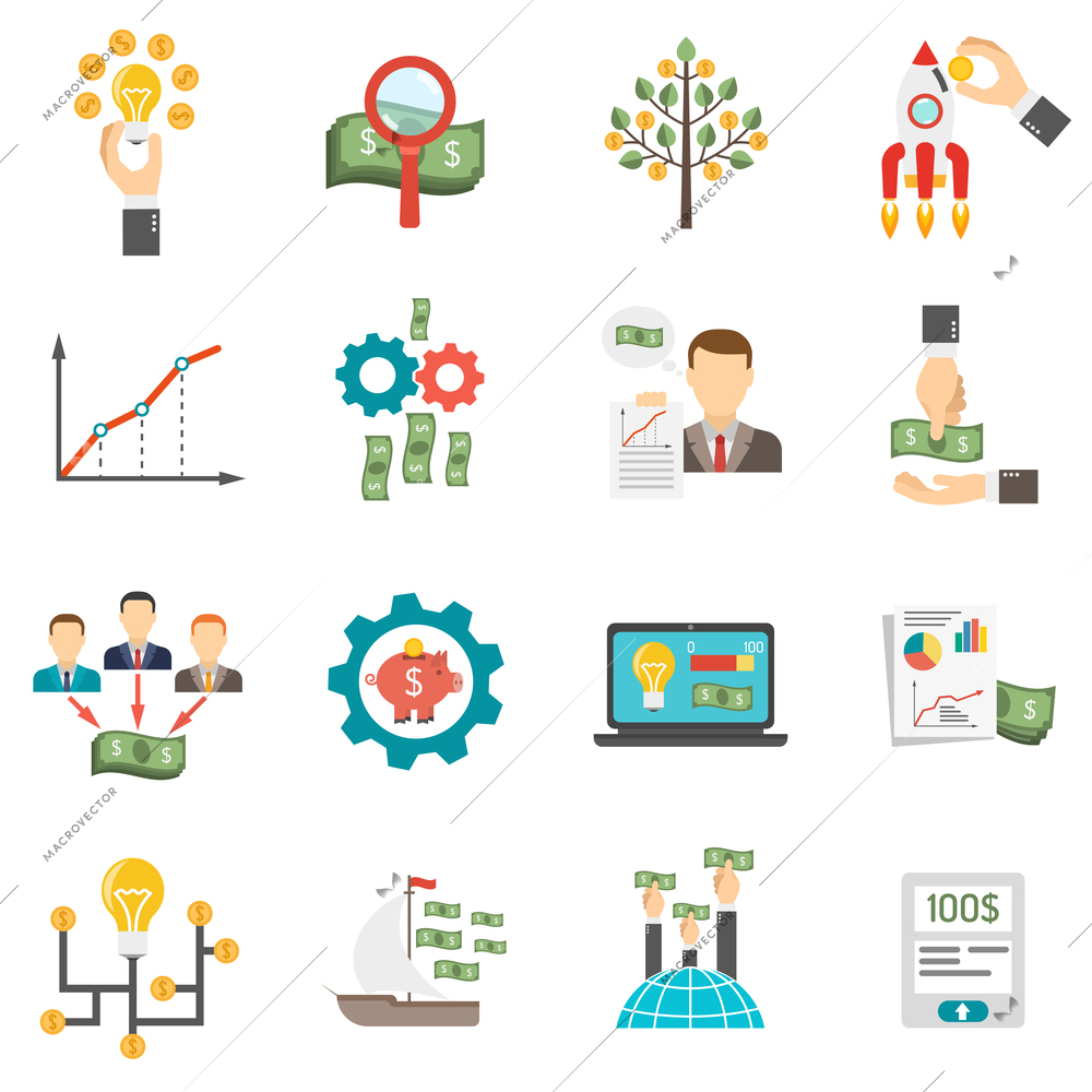 Crowdfunding and money donation flat icons set isolated vector illustration