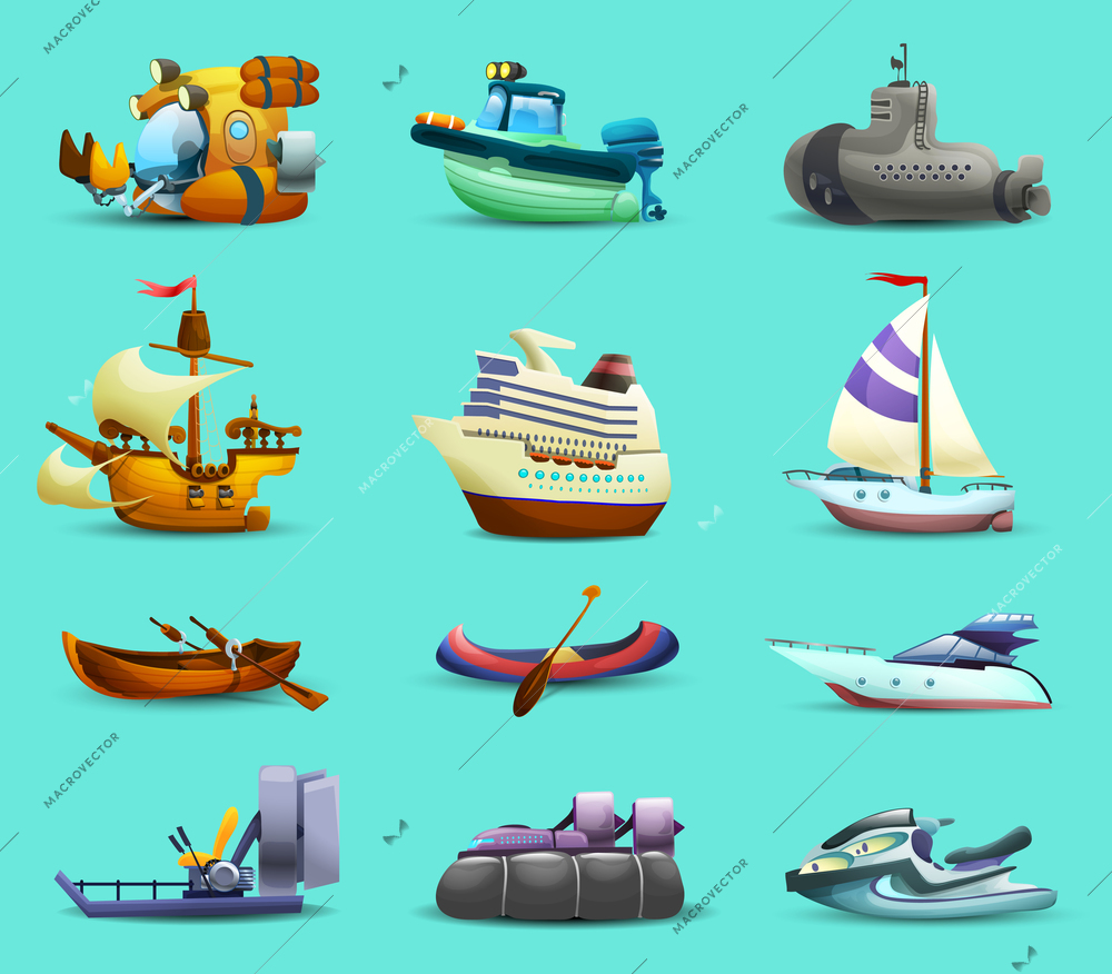 Ships and boats realistic icons set with motorboat submarine and yacht on blue background isolated vector illustration