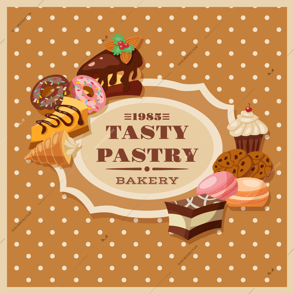 Vintage bakery flyer frame with sweets and pastry vector illustration