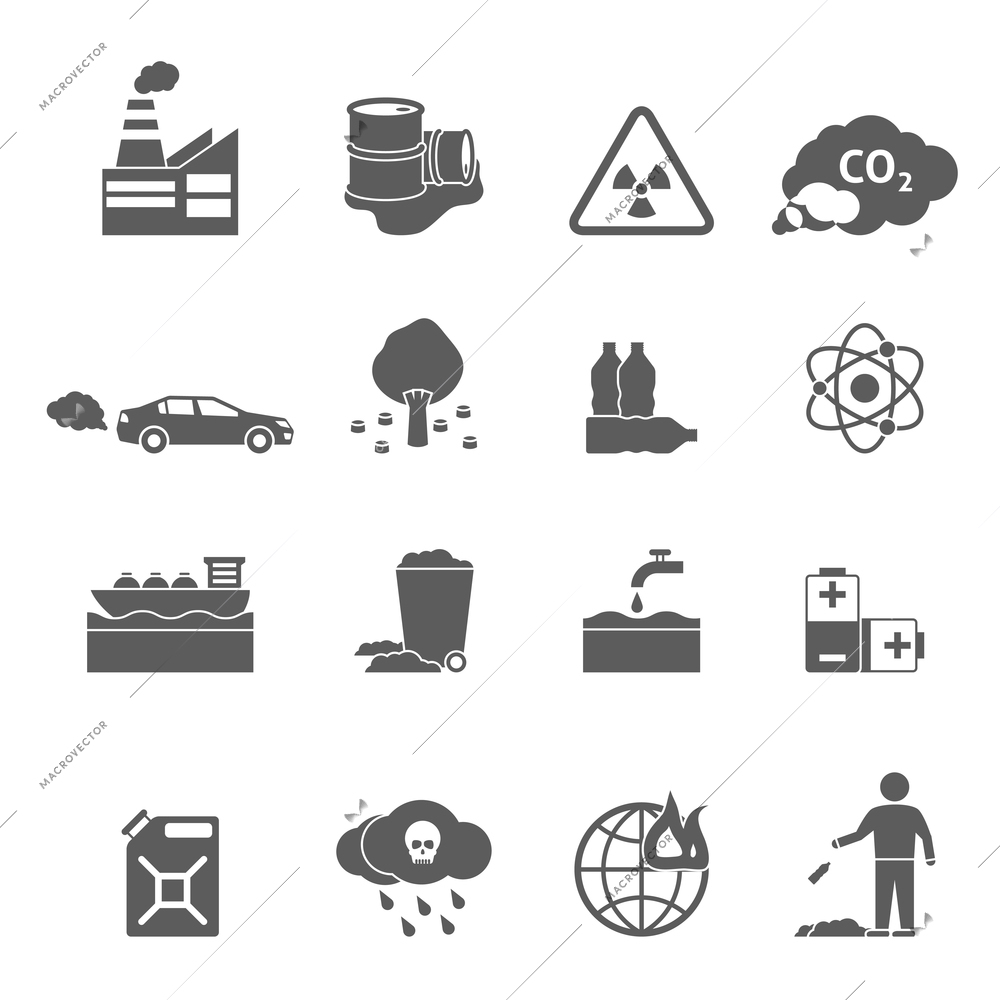 Ecology problems black white icons set with pollution symbols flat isolated vector illustration