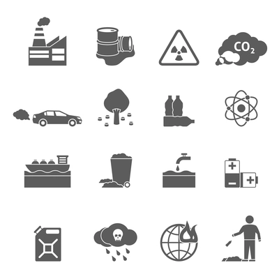 Ecology problems black white icons set with pollution symbols flat isolated vector illustration