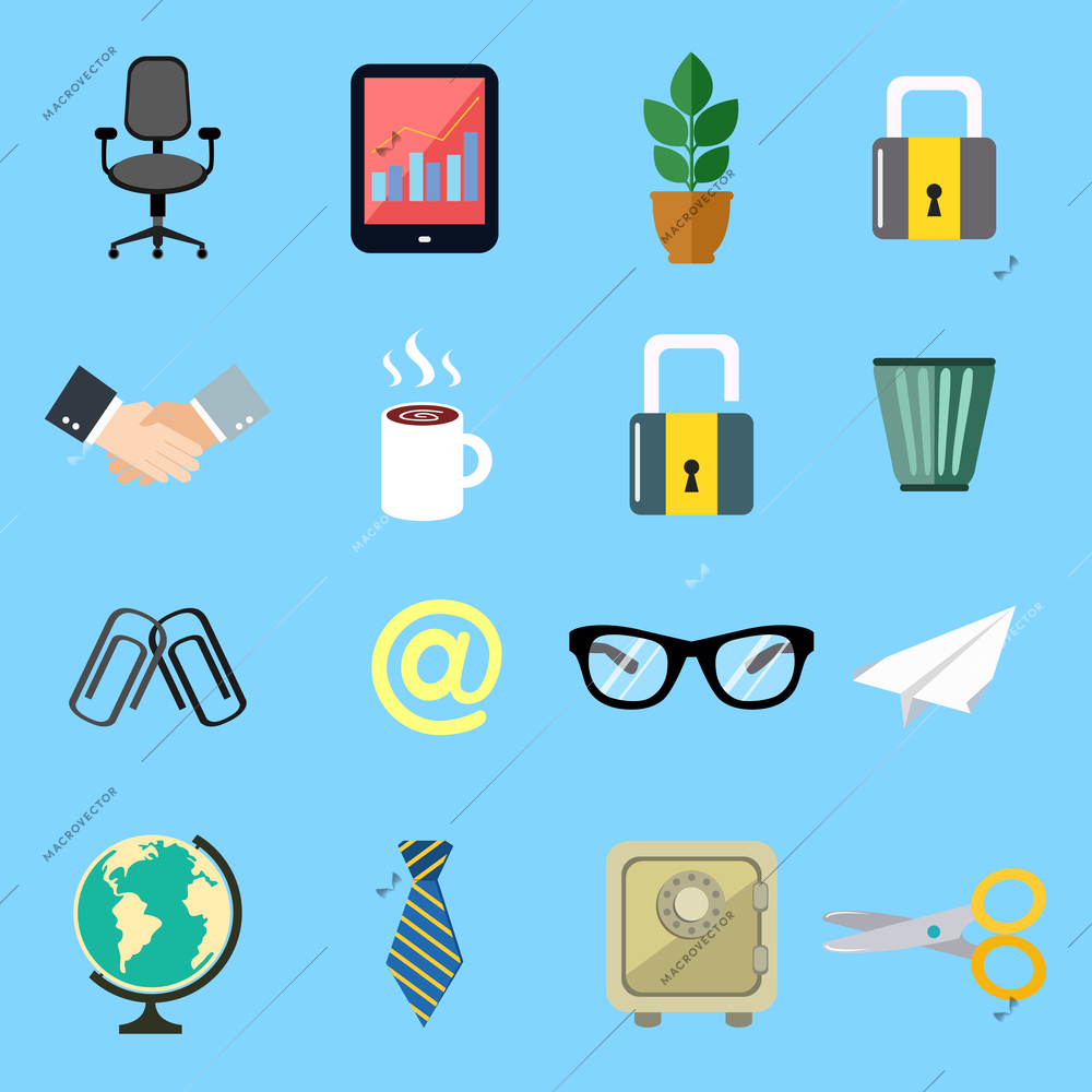 Business office stationery flat icons set of handshake globe flower and computer isolated vector illustration