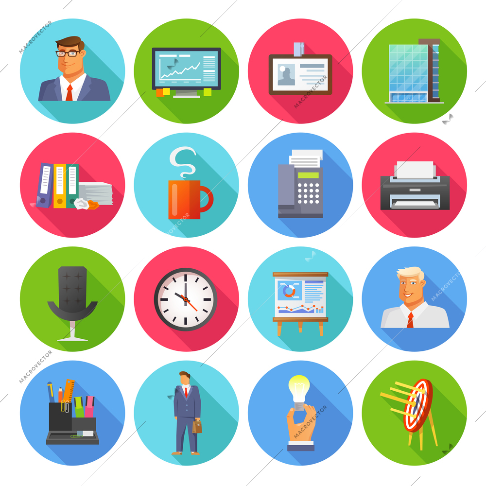 Office icons flat set with report coffee cup and clock isolated vector illustration