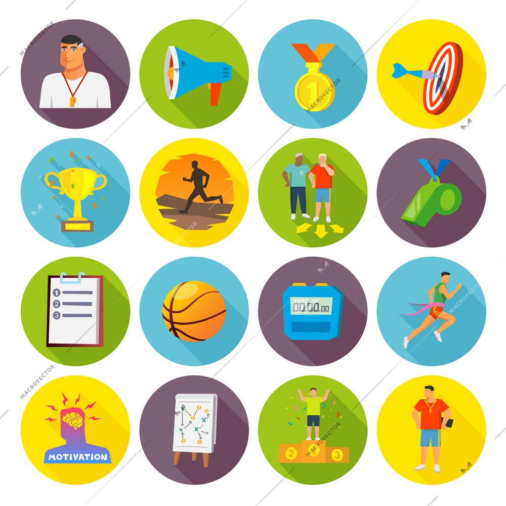 Coaching sport icons flat set with stopwatch trophy and whistle isolated vector illustration