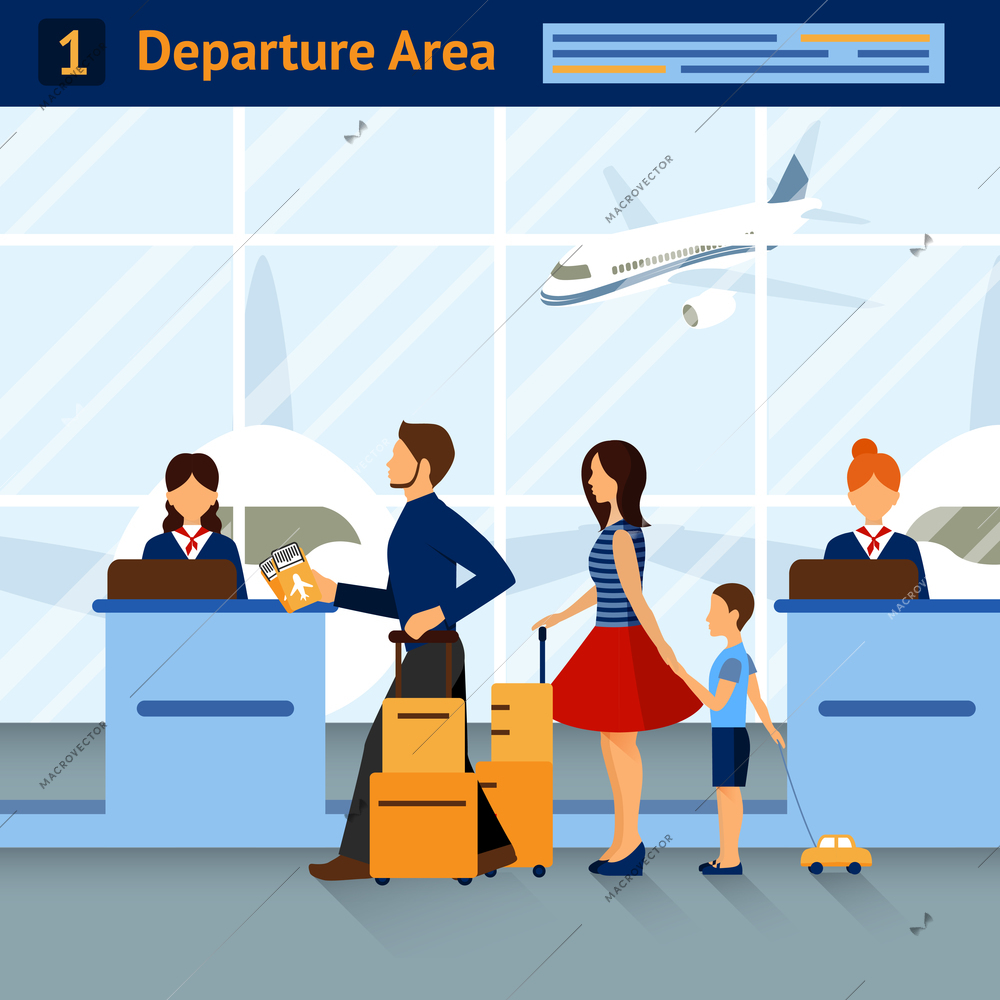 Scene airport departure area with passengers reception and airplanes on background with title on top vector illustration