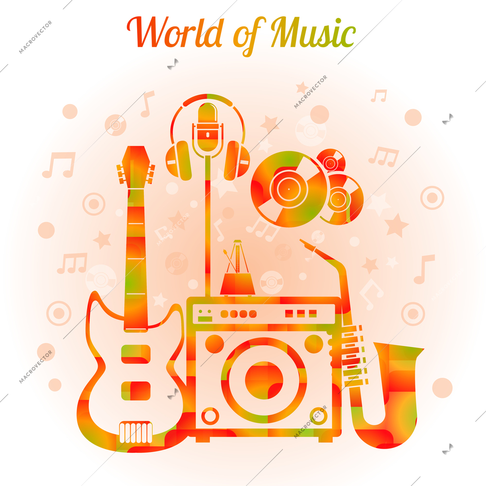 World of music color concept with guitar amplifier saxophone headphones mic and metronome vector illustration