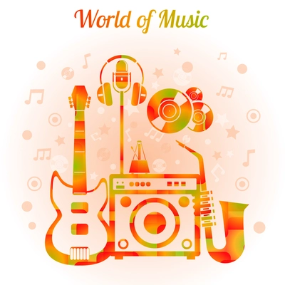 World of music color concept with guitar amplifier saxophone headphones mic and metronome vector illustration