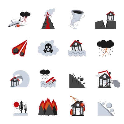 Different types of natural disasters flat icons set performed in black white and red colors isolated vector illustration