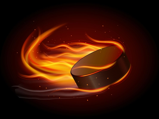 Realistic ice hockey puck in fire on black background vector illustration