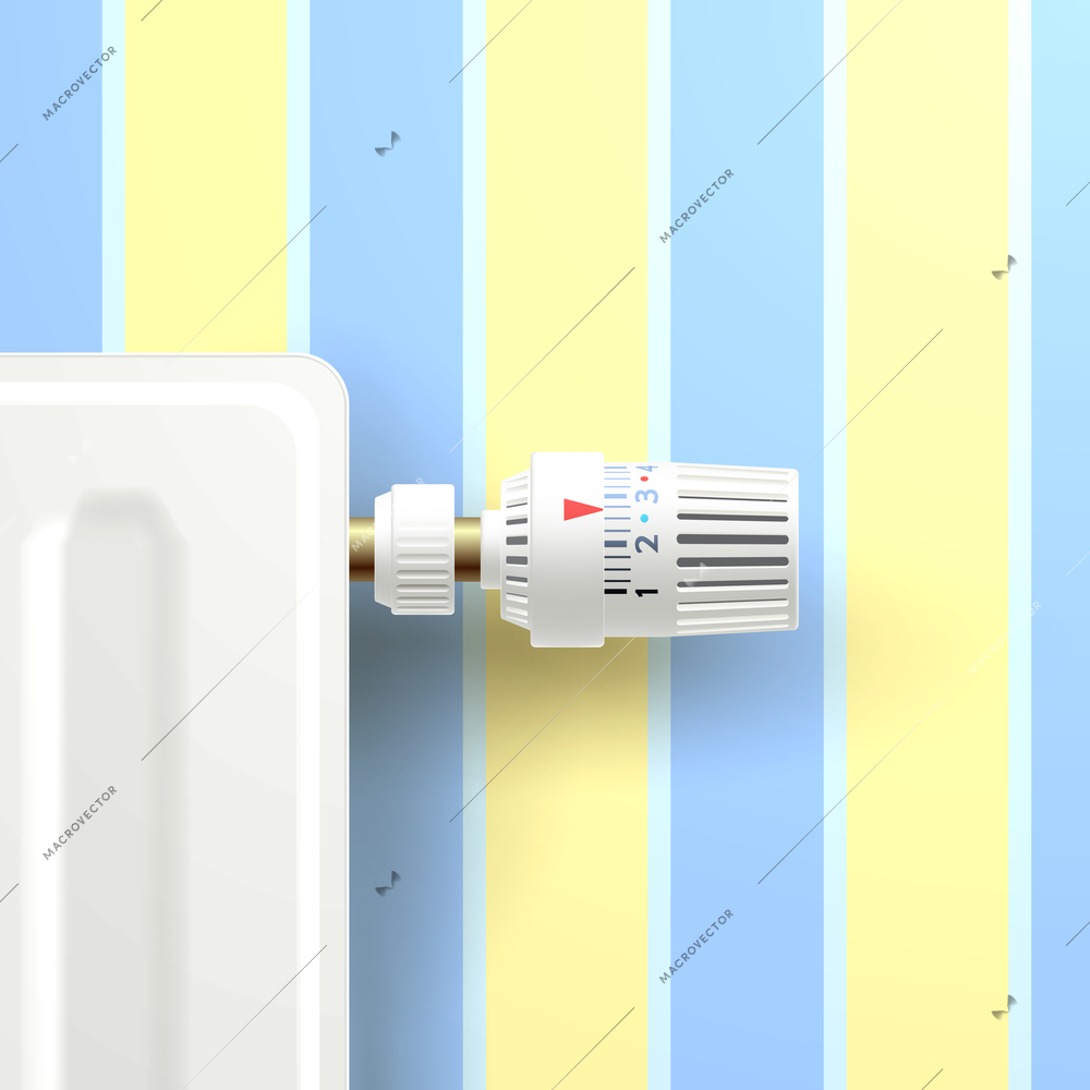 Realistic heating radiator with temperature knob on room wallpaper background vector illustration