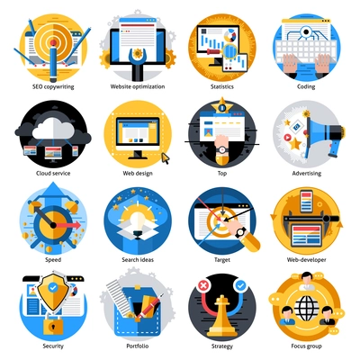 SEO development round icons set with web security and portfolio strategy isolated vector illustration