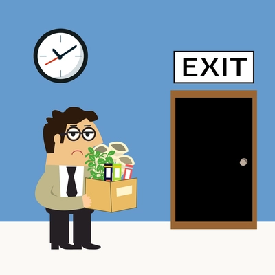 Business life sad employee with personal belongings box goes to exit door fire scene concept vector illustration