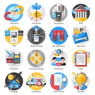 Banking icons set with transaction investment and tax payment symbols isolated vector illustration
