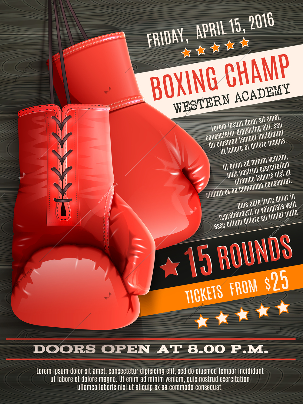 Boxing champ poster with realistic red gloves on wooden background vector illustration