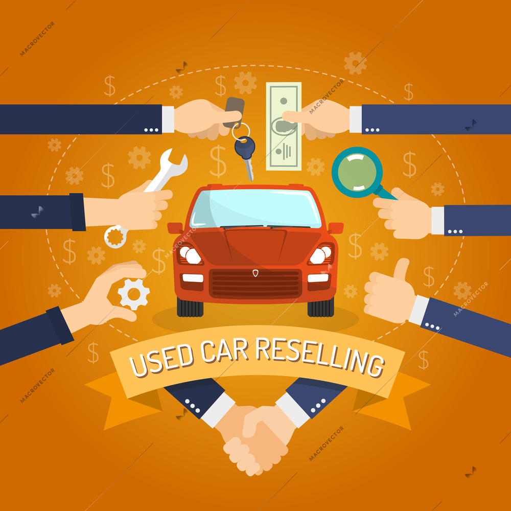 Used cars reselling concept with hands holding keys and money flat vector illustration