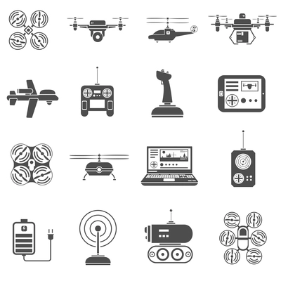 Flying and caterpillar drones black white icons set with radio control flat isolated vector illustration