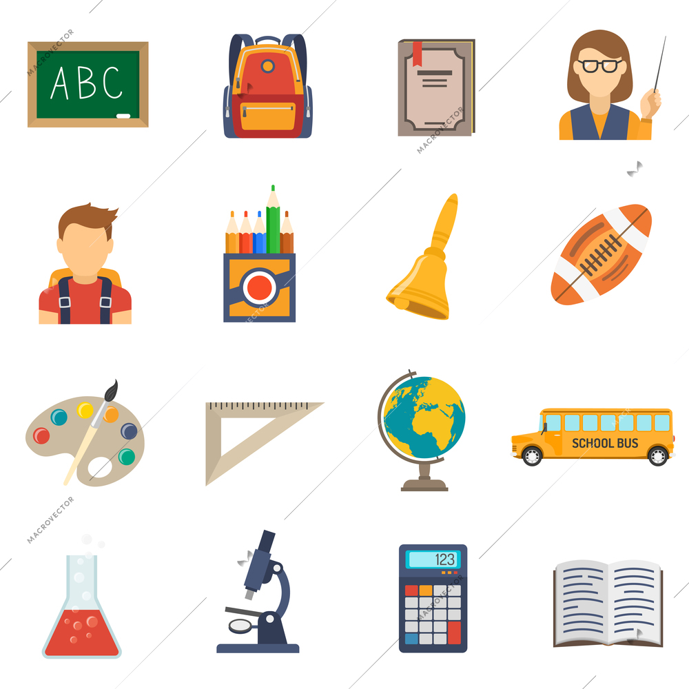 School education flat icons set with chalkboard backpack and textbook isolated vector illustration