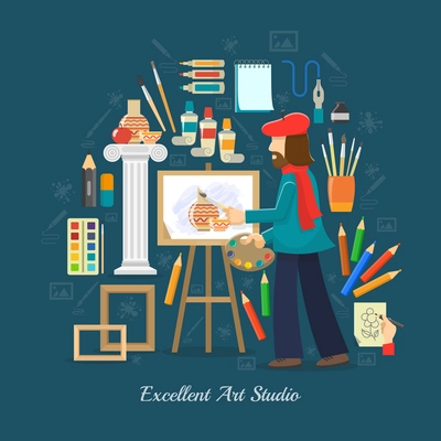 Artist studio concept with flat painting tools and painter symbols vector illustration