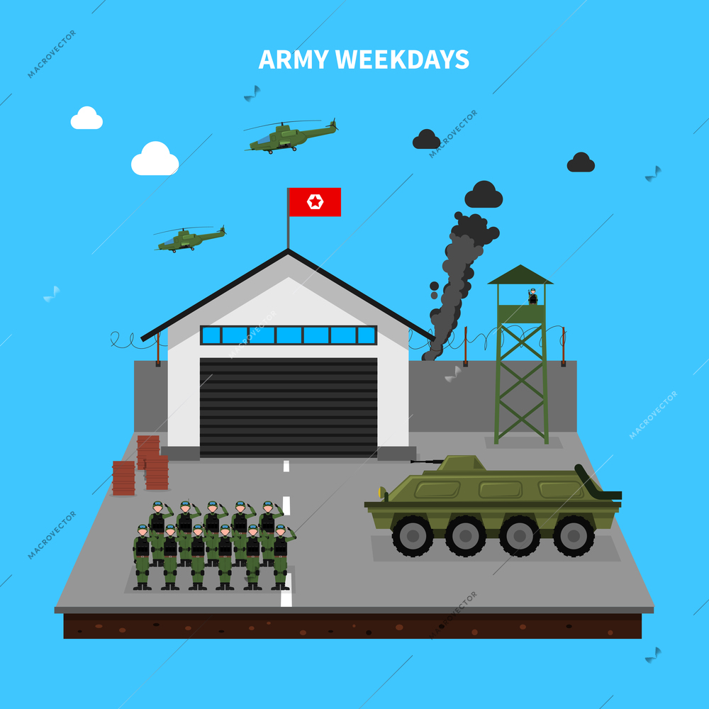 Army weekdays with training symbols and weapons on blue background flat vector illustration