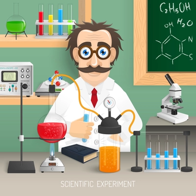 Scientist in chemistry lab with realistic scientific experiment equipment vector illustration