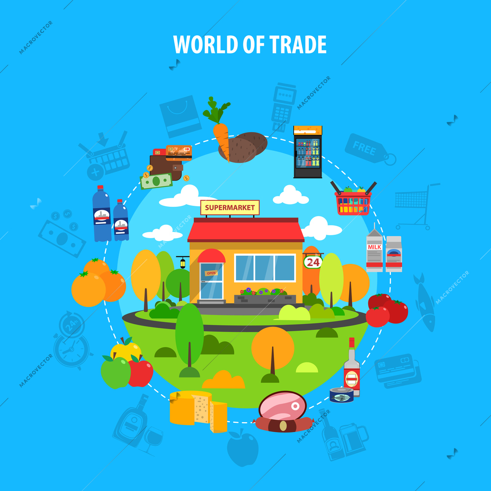 Supermarket concept with trade market flat icons set vector illustration