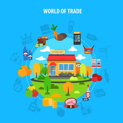 Supermarket concept with trade market flat icons set vector illustration