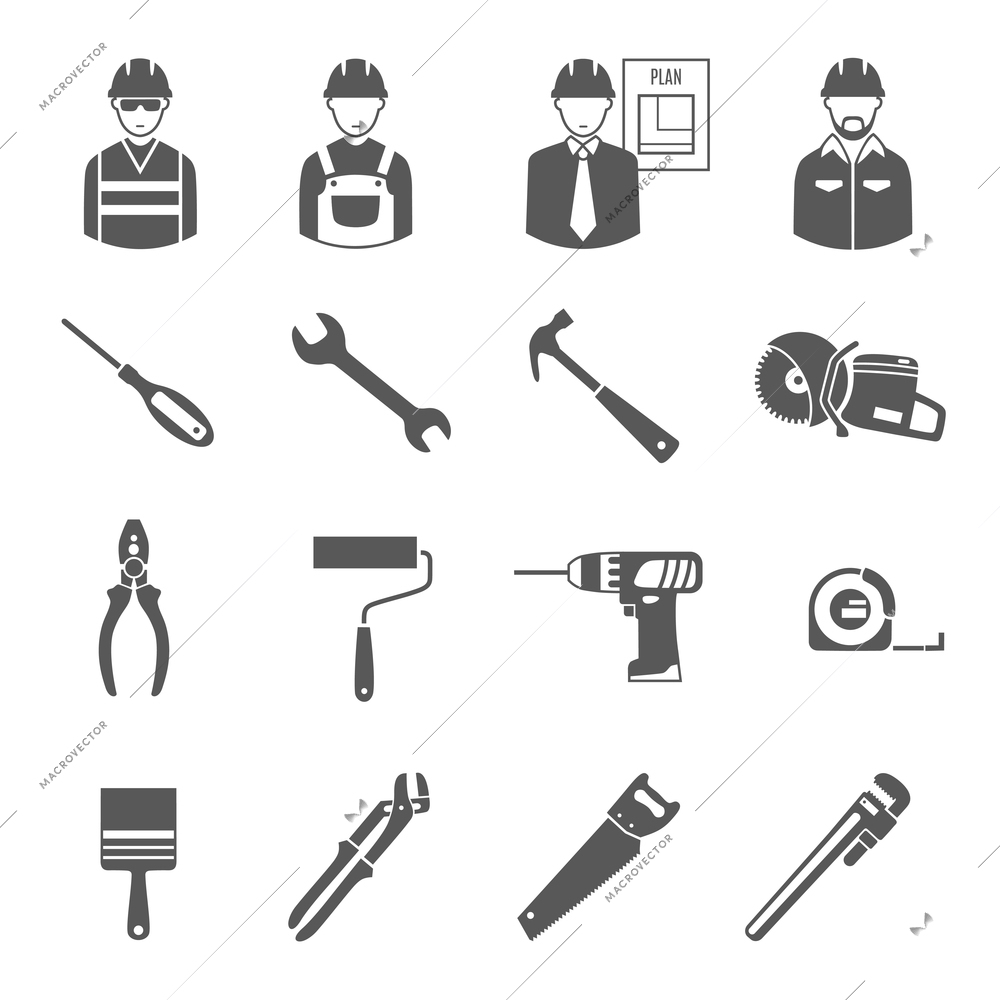 Construction  engineer with technical project plan workers and tools 16 black icons set  abstract isolated vector illustration