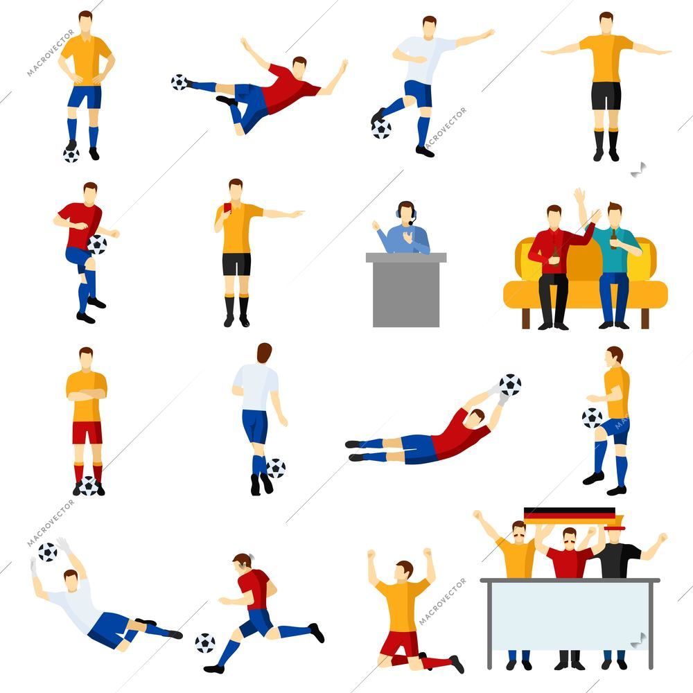 Soccer game team players flat icons set with goalkeeper and forward in action abstract isolated vector illustration