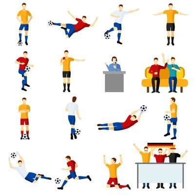 Soccer game team players flat icons set with goalkeeper and forward in action abstract isolated vector illustration