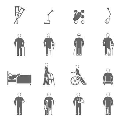 Disabled people black white icons set with damaged limbs prosthesis and canes symbols flat isolated vector illustration