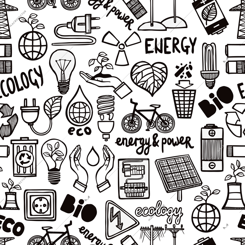 Black and white seamless pattern with different doodles of safety energy symbols and letterings flat vector illustration