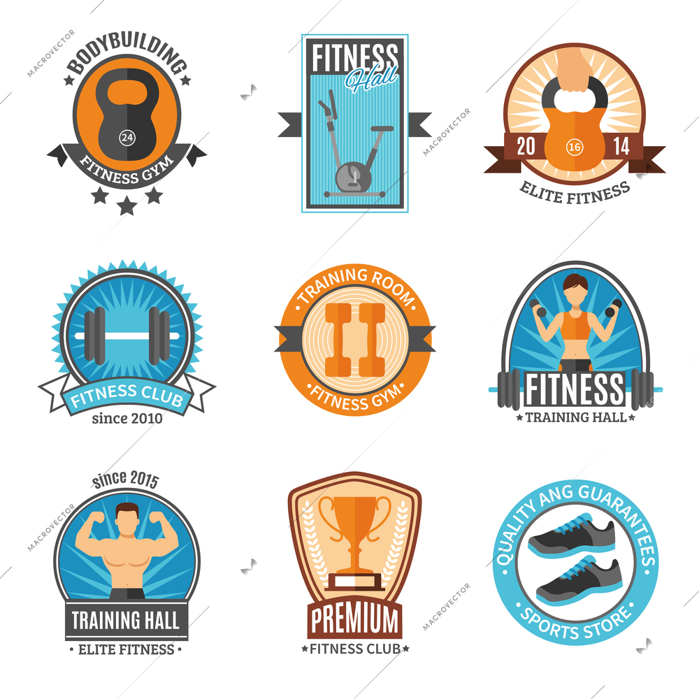 Fitness club and gym hall bodybuilding elite sports store color flat style badges set isolated vector illustration